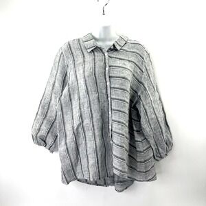 Habitat Linen Shirt Sz L Coastal Lagenlook Asymmetrical Hem Balloon Gray White